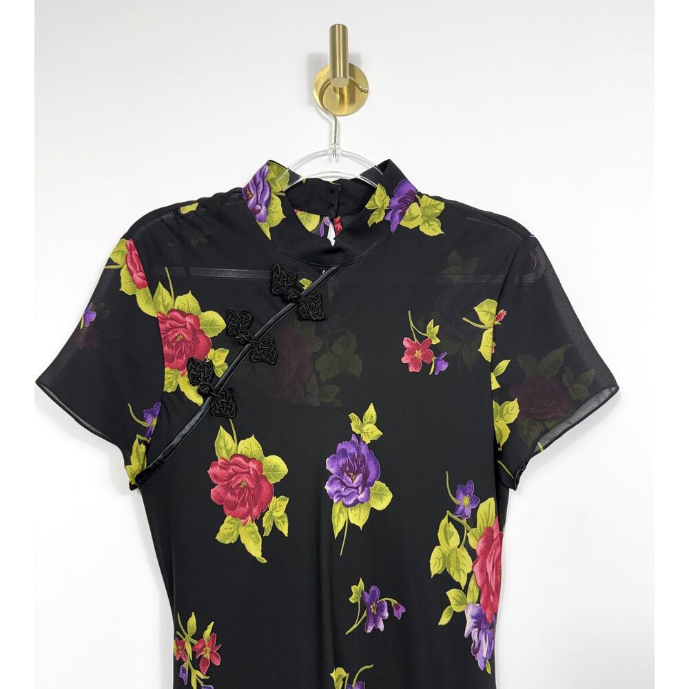 90s vintage Ronni Nicole black floral qipao cheongsam Sz 14 maxi dress - Picture 6 of 15